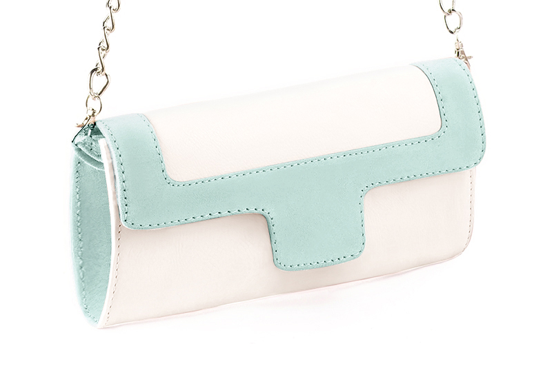 Dress clutch for wedding and parties in off white and aquamarine blue leather - Front view
